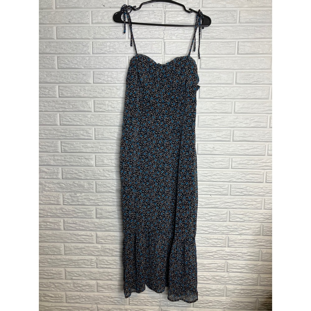 Lola Grace Floral Midi Dress Womens Medium Black Blue NEW Tie Strap Sweetheart